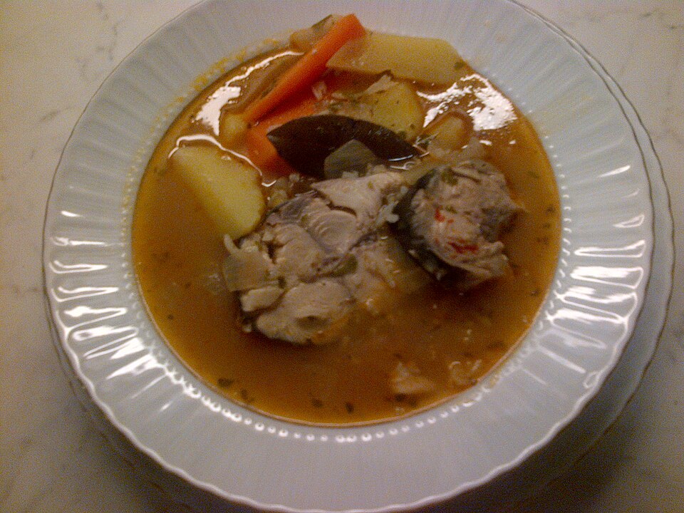 Corfu bianco, a pale white fish stew with potato and garlic