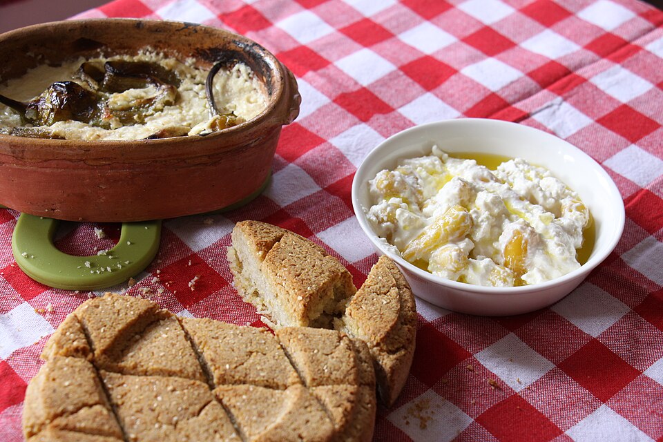 A loaf of Greek bobota cornbread, sliced