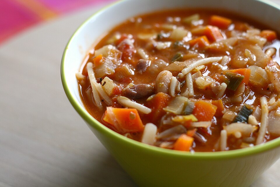 A bowl of Corfiot bourou bourou vegetable and pasta soup