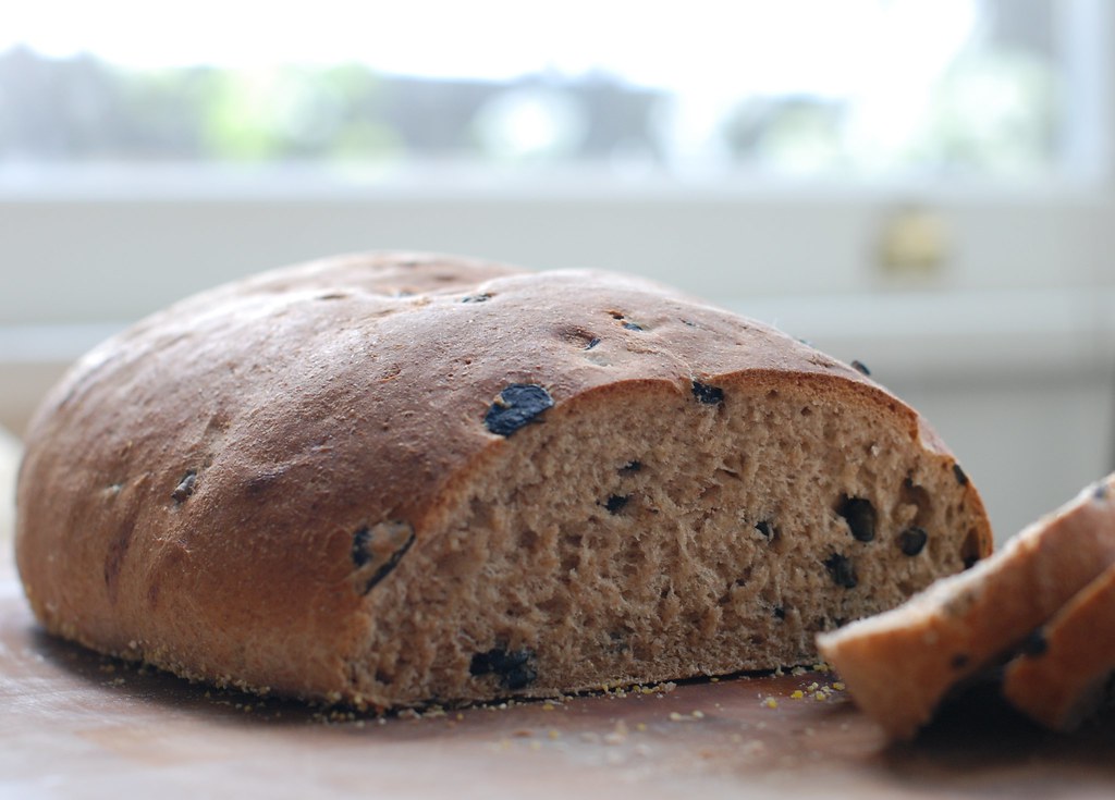 A loaf of Greek elioti olive bread, sliced