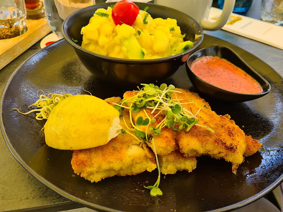 Fried Greek galeos dogfish with skordalia garlic potato dip