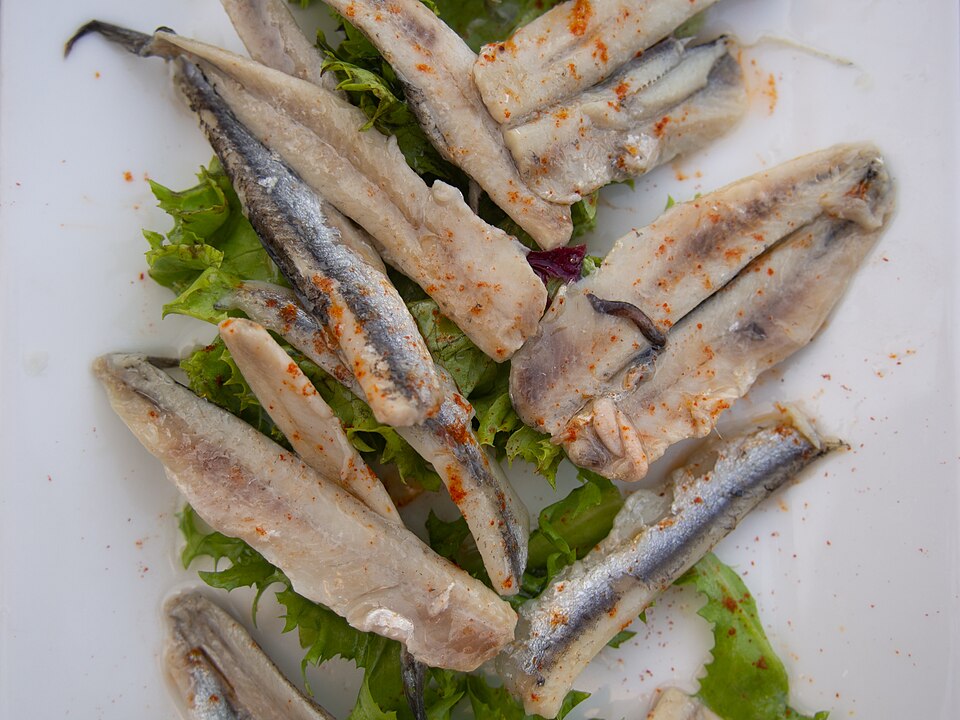 Greek gavros marinatos, marinated anchovy fillets in olive oil