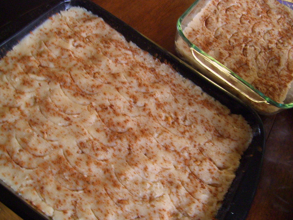 A tray of Greek halvas simigdalenios semolina halva with cinnamon and walnuts