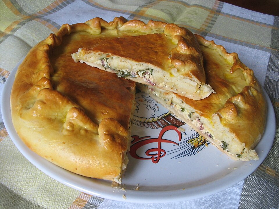 A slice of Greek hortopita wild greens pie