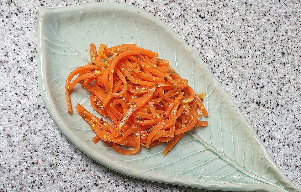 A bowl of Greek karotosalata grated carrot salad with garlic