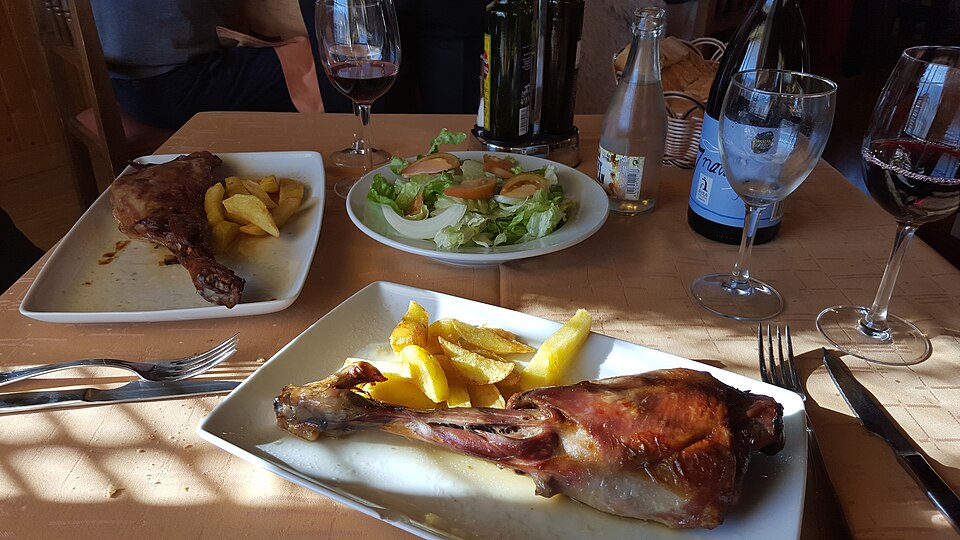 A roasted whole leg of Greek katsikaki goat with lemon and herbs