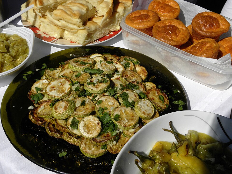 Golden fried Greek courgette slices with tzatziki