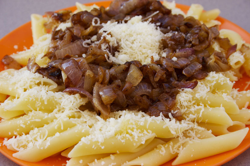 Karpathos makarounes pasta with caramelised onion and cheese