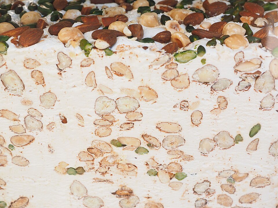 Bars of Corfu mandolato almond nougat studded with toasted almonds