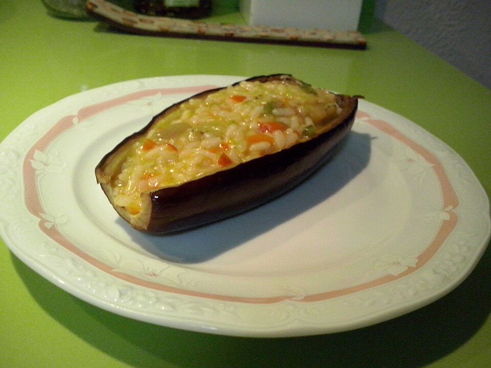 Vegan Greek melitzanes gemistes stuffed aubergine halves