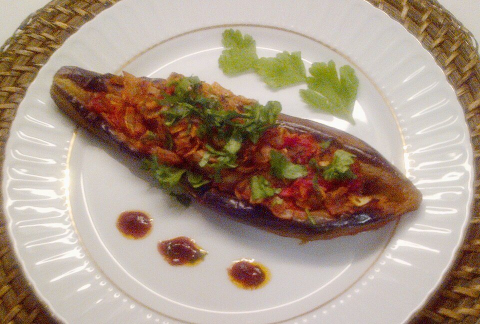 Greek melitzanes imam baked aubergine with onion and tomato