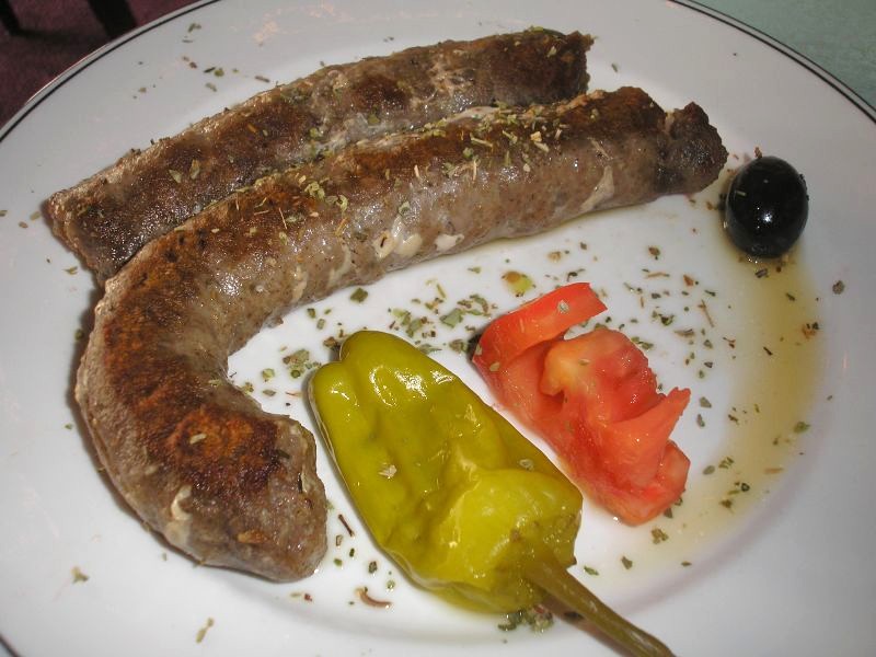 Coarse Greek loukaniko sausage, sliced thick