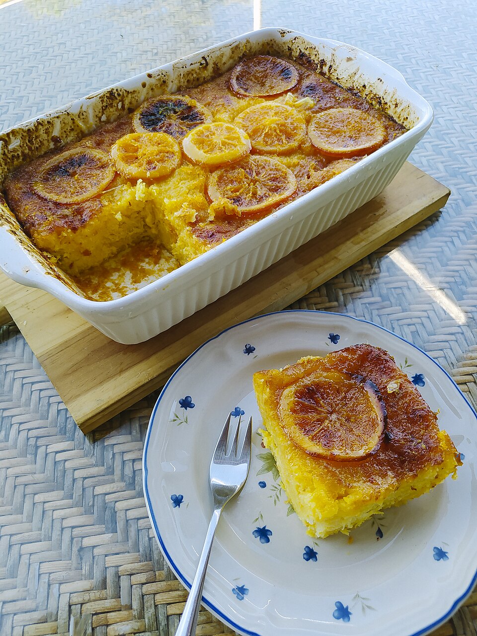 A tray of Greek portokalopita orange phyllo cake soaked in syrup