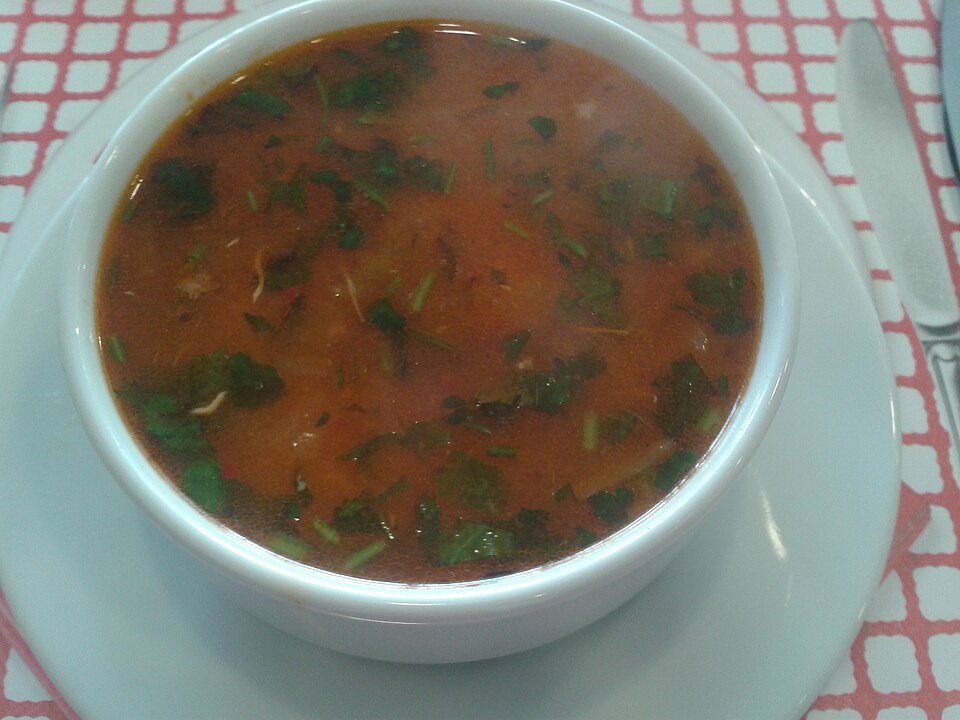 A bowl of Greek soupa kritharaki orzo soup