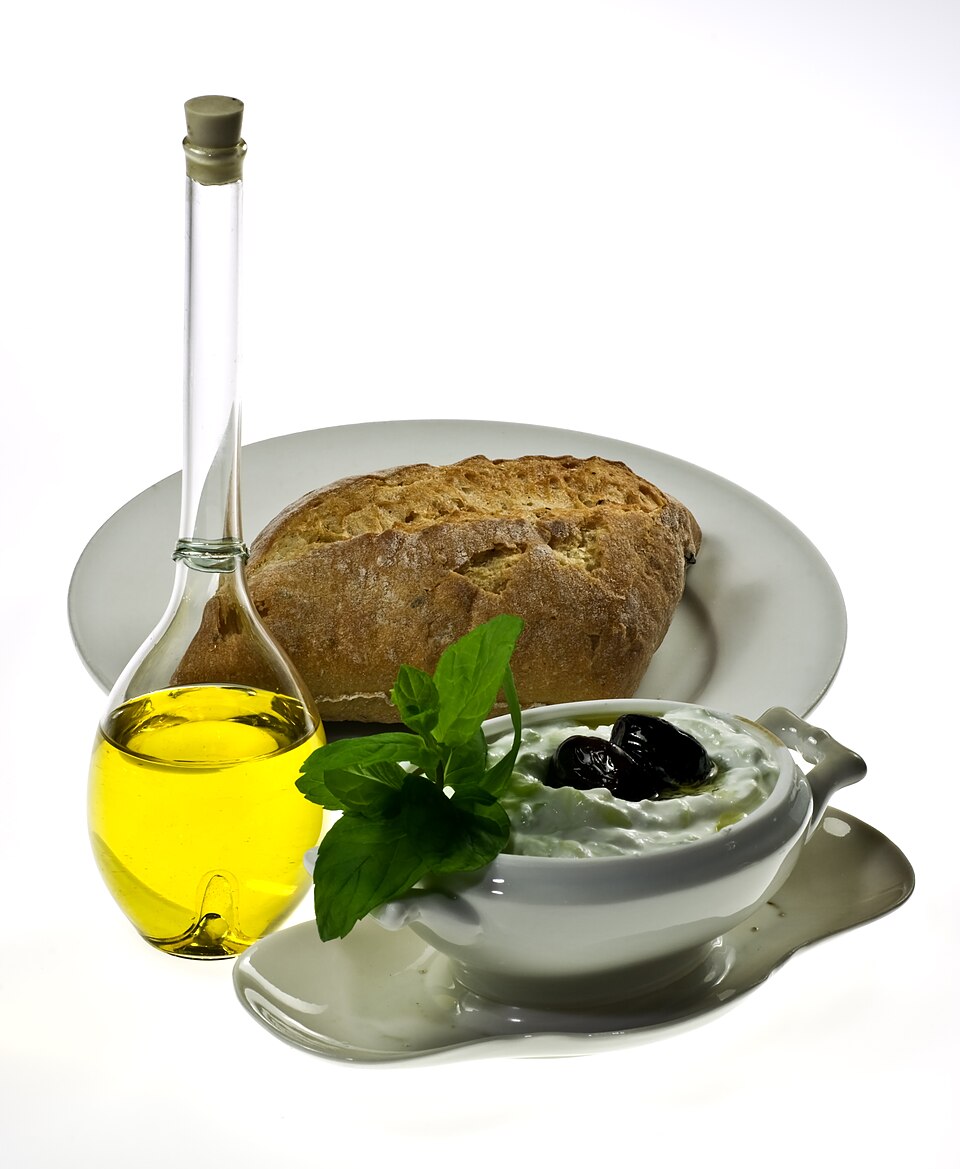 A bowl of Cypriot talattouri, yogurt and mint dip with cucumber